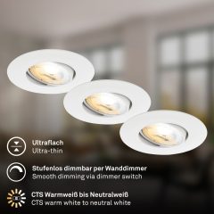 8060036 Led vgradna stropna svetilka, set 3 svetilk, 3x4,9W-3x460lm-CTS, Barva svetlobe nastavljiva 2700K-3000K-4000K, Zatemnilna preko stenskega zatemnilnika